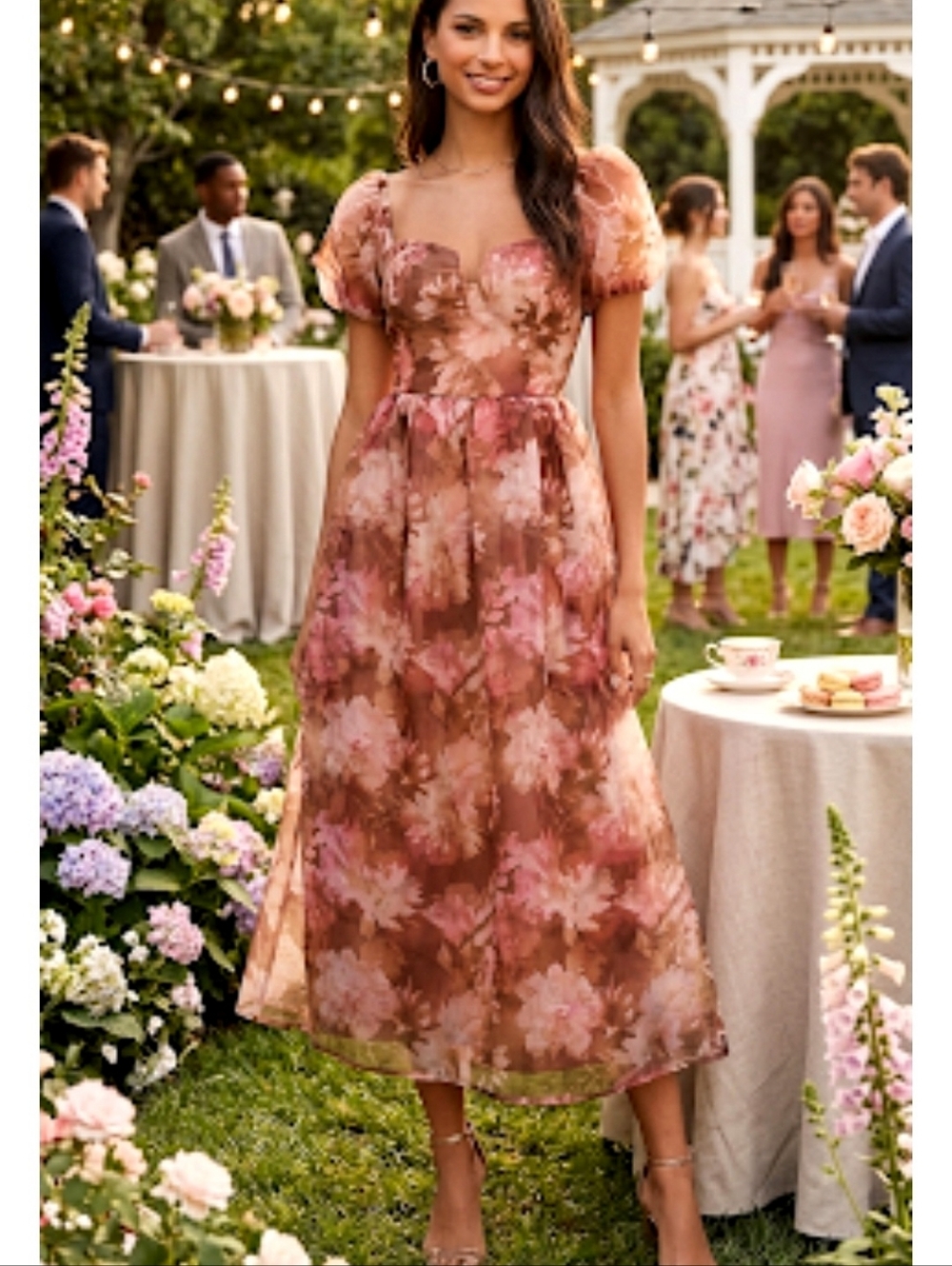 Lulus Lovely Statement Floral Organza Tie Back Puff Sleeve Midi Dress Size Small
